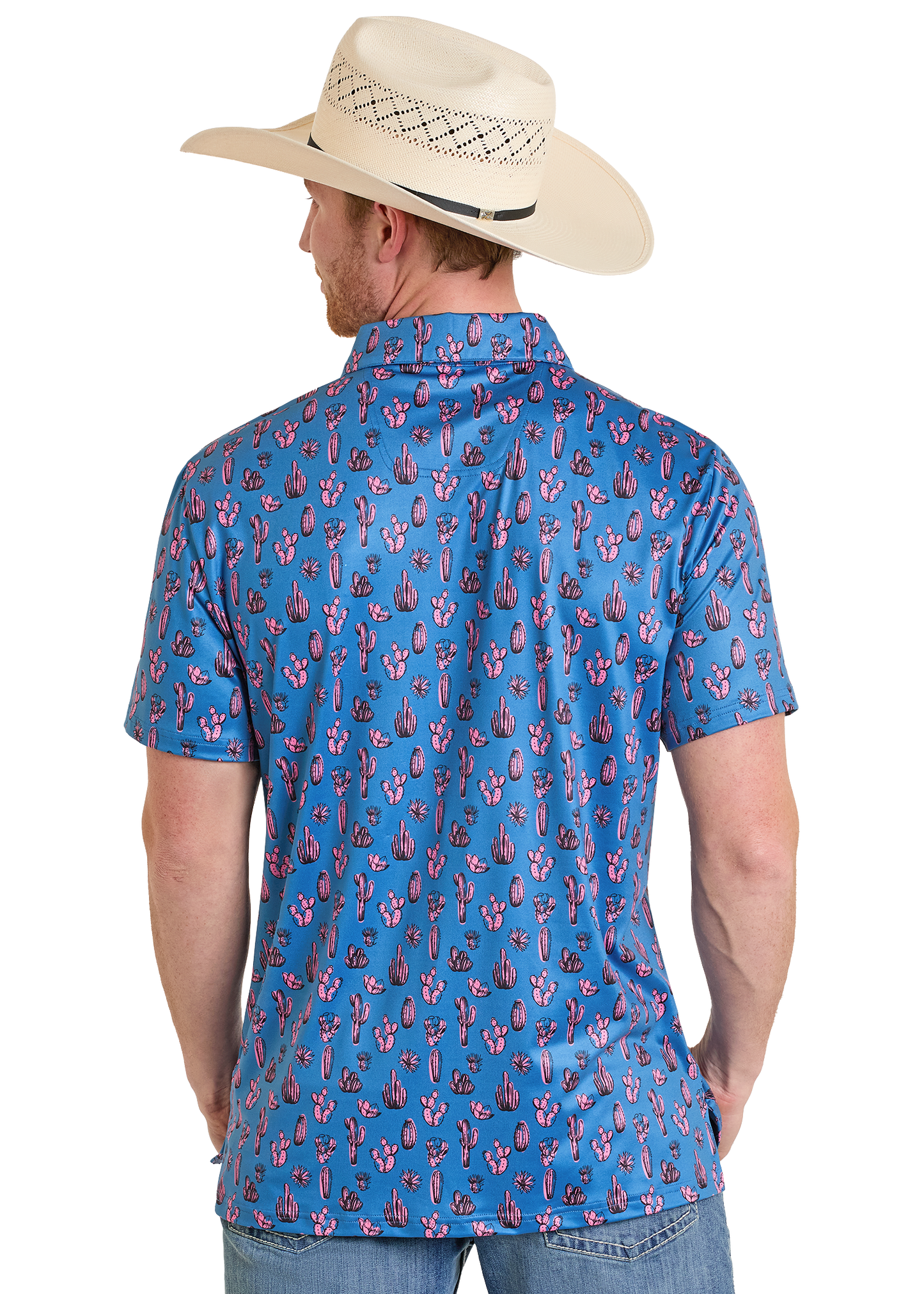 Man wearing a blue patterned shirt and cowboy hat on a white background