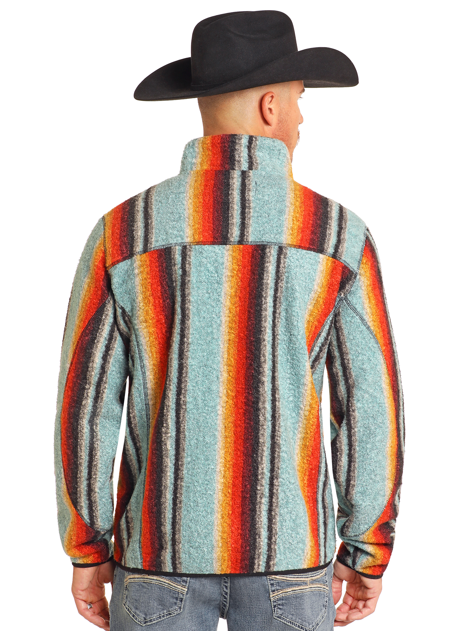 A person, seen from behind, wears a black cowboy hat and Rock & Roll Denim’s Serape Berber Quarter Zip Pullover with teal, orange, yellow, and brown stripes, paired with blue jeans.