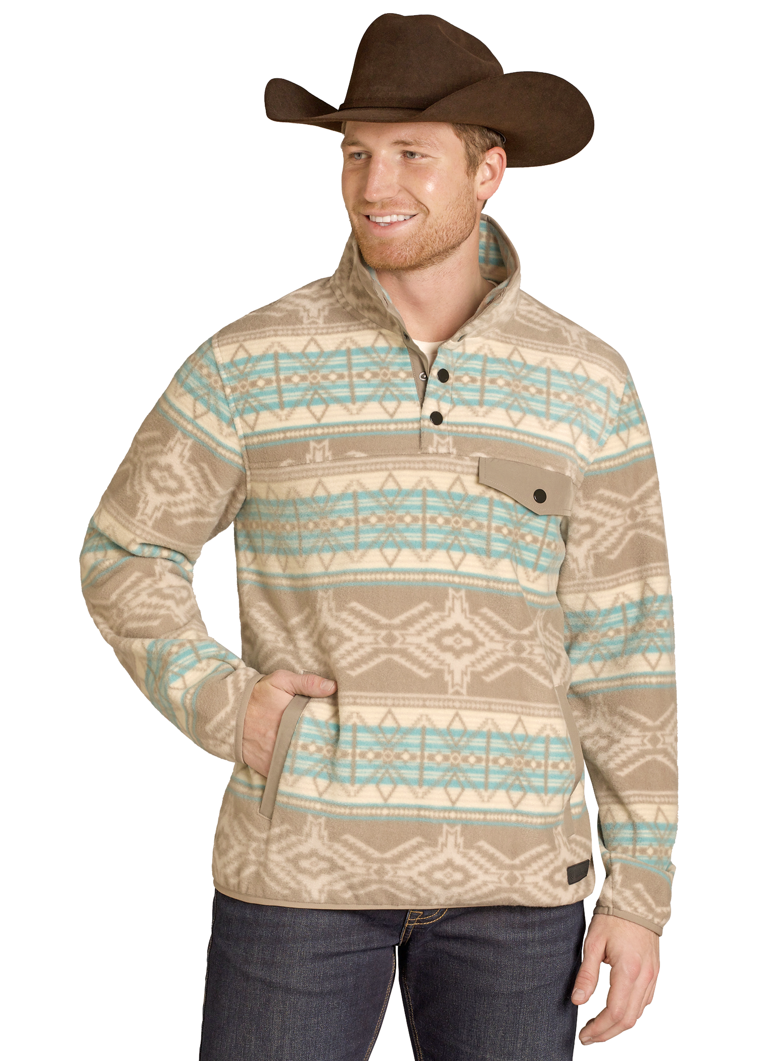 Men's Tan Aztec Snap Fleece Pullover | Rock & Roll Denim