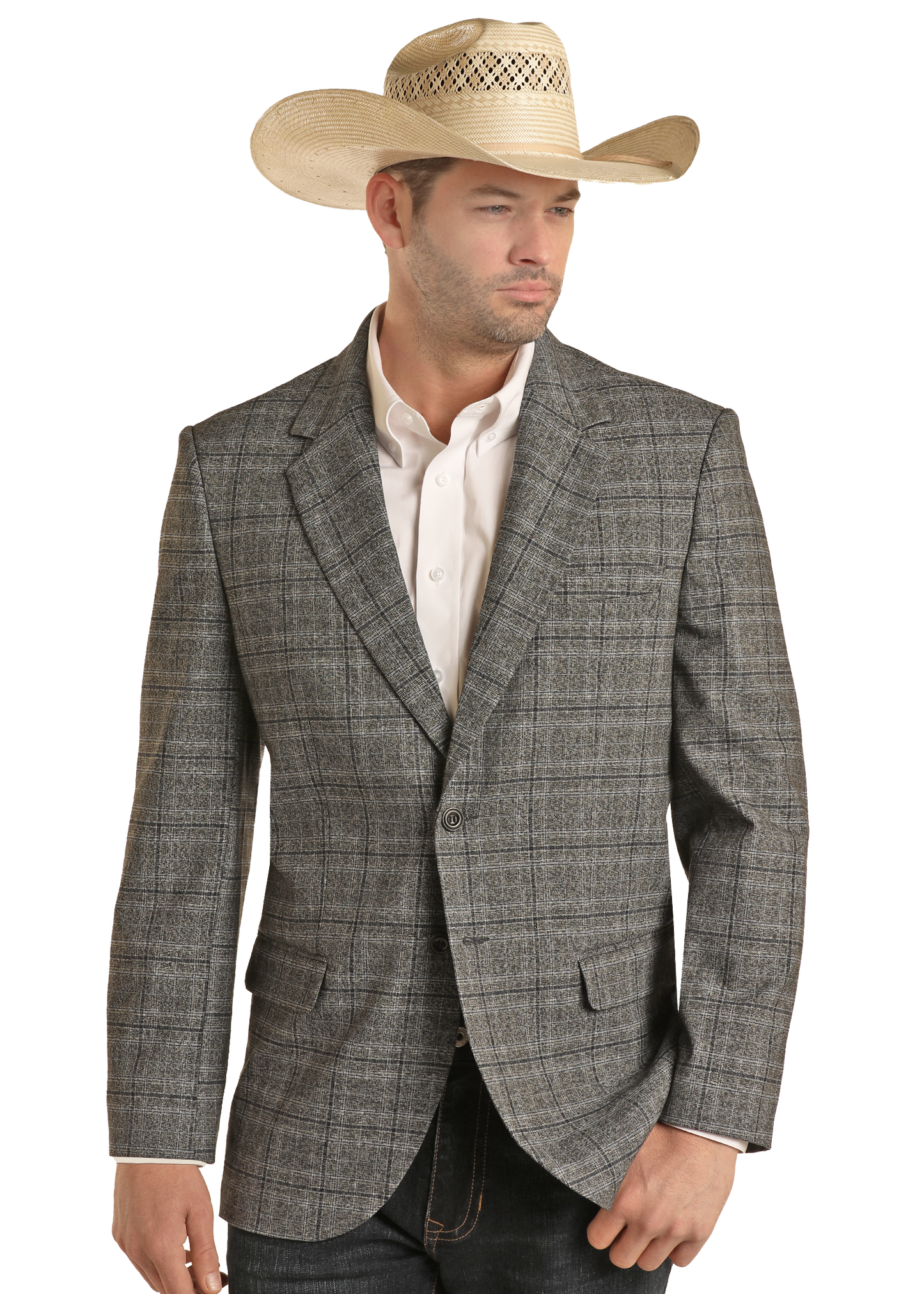 A man in a light cowboy hat, Rock & Roll Denim Charcoal Windowpane Plaid Sport Coat, white shirt, and dark jeans stands turned slightly aside with a neutral expression.