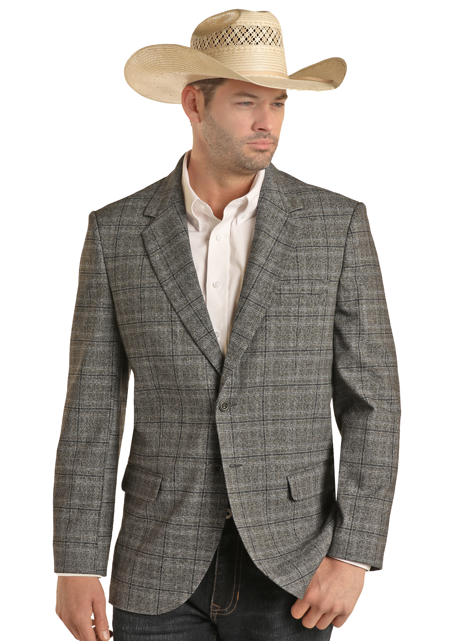 A man in a light cowboy hat, Rock & Roll Denim Charcoal Windowpane Plaid Sport Coat, white shirt, and dark jeans stands turned slightly aside with a neutral expression.