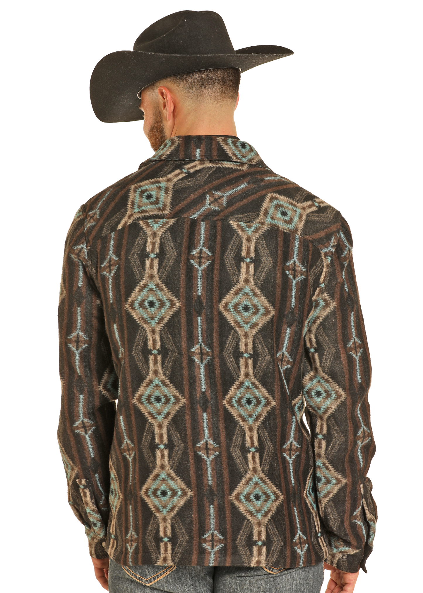 A man wearing a black cowboy hat and a Rock & Roll Denim Aztec Print Brushed Jacquard Zip Up Jacket with brown, blue, and beige geometric patterns is shown from the back.