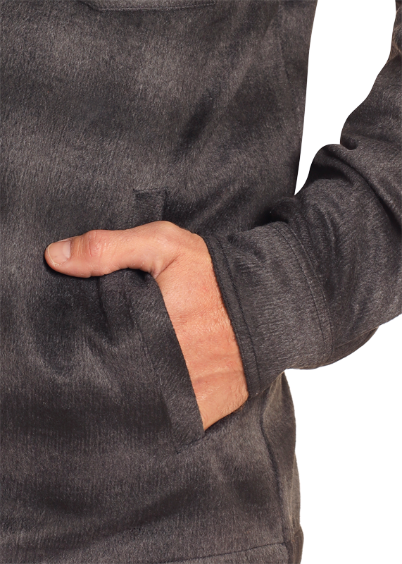 A close-up shows a person’s hand partially inside the pocket of a dark gray Brushed Ombre Plaid Zip Up Jacket by Rock & Roll Denim, with focus on the hand and pocket area.