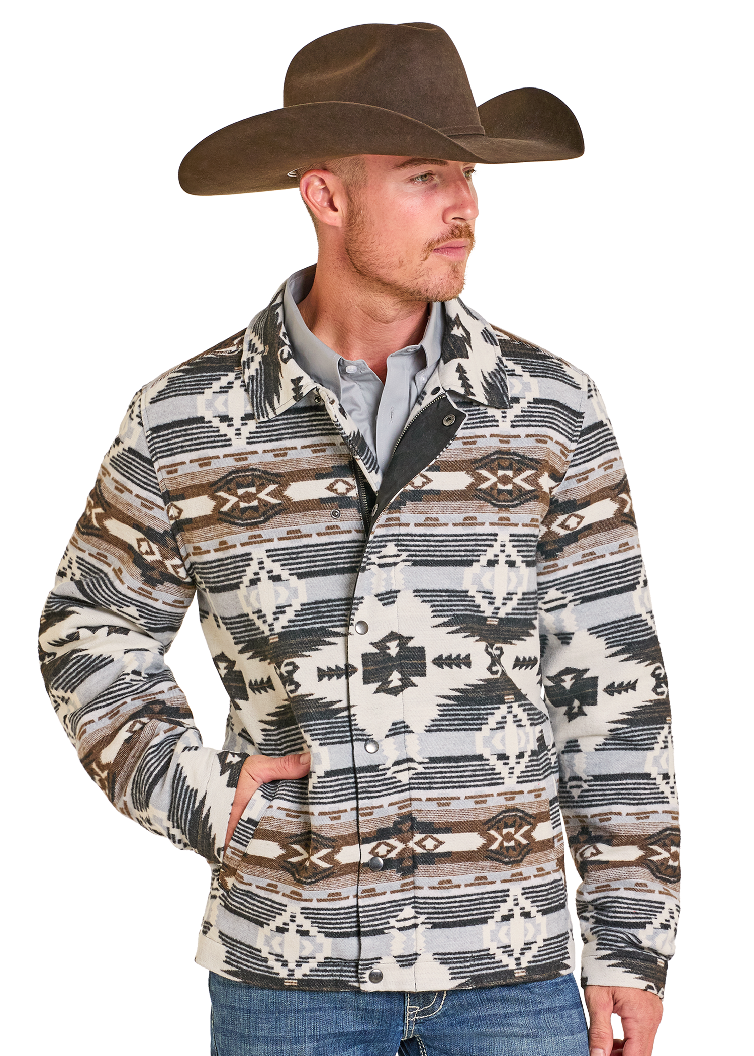 ジャケット・アウター AZ JAPAN5351 LOMONTA JACQUARD SETUP Men's Aztec Jacquard Jacket with Removable Collar | Rock & Roll Denim