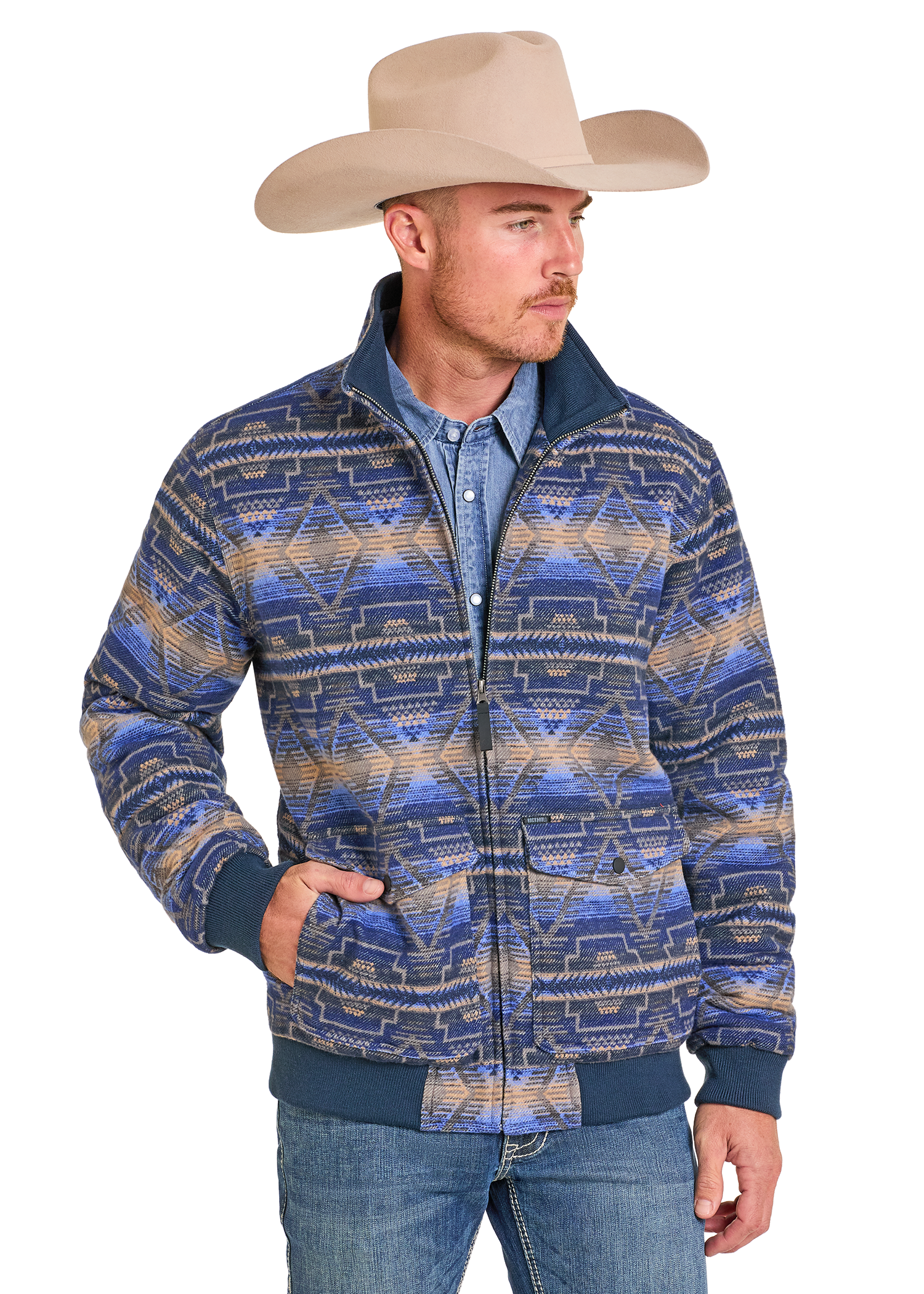 ジャケット・アウター vintage western design tailored jacket Men's Blue Aztec Jacquard Bomber Jacket | Rock & Roll Denim