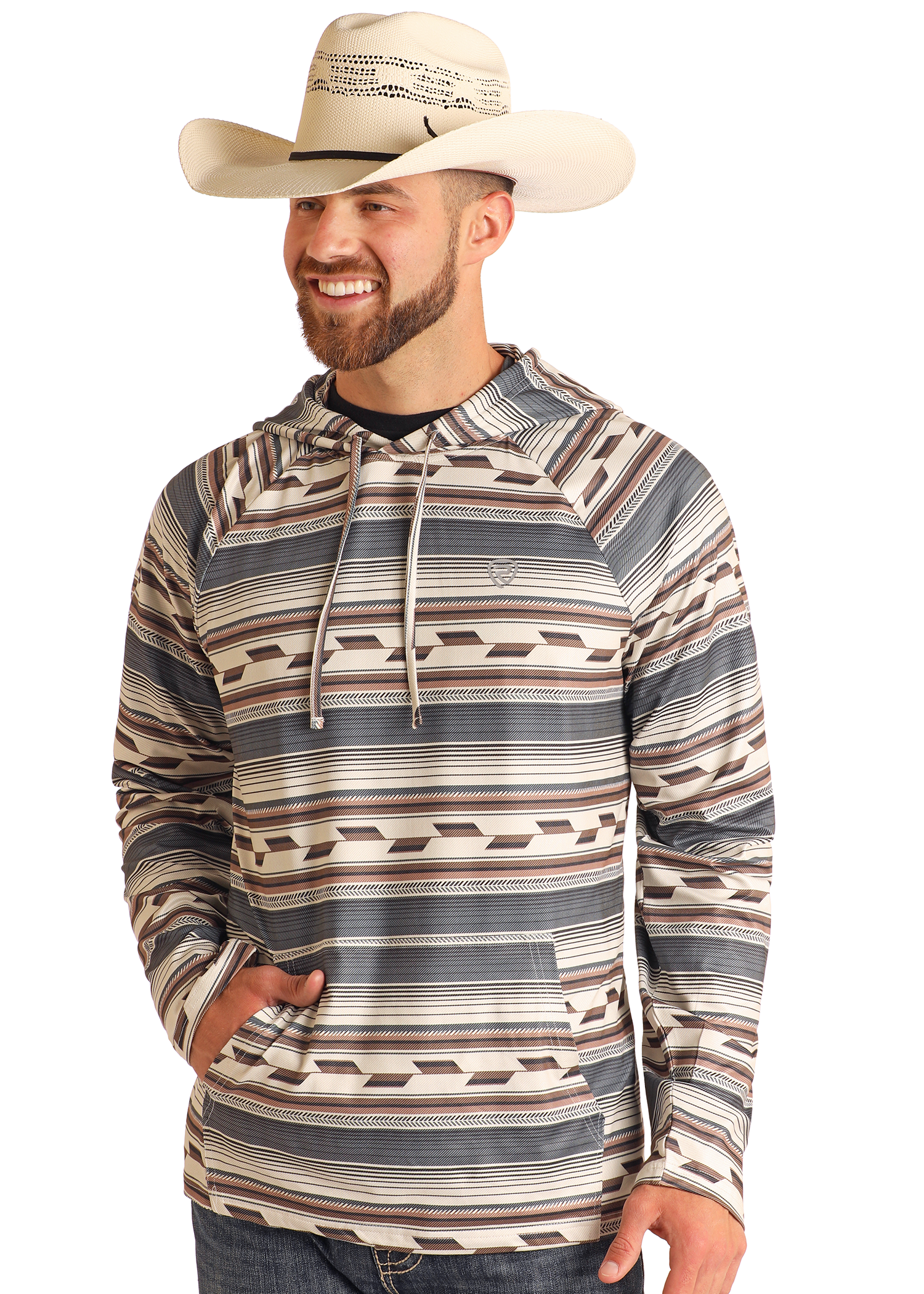 A smiling man in a wide-brimmed cowboy hat wears the Rock & Roll Denim Multi Stripe Performance Hoodie, featuring a striped pattern, front pocket, drawstrings, and comfortable stretch, standing with one hand in his pocket against a plain background.