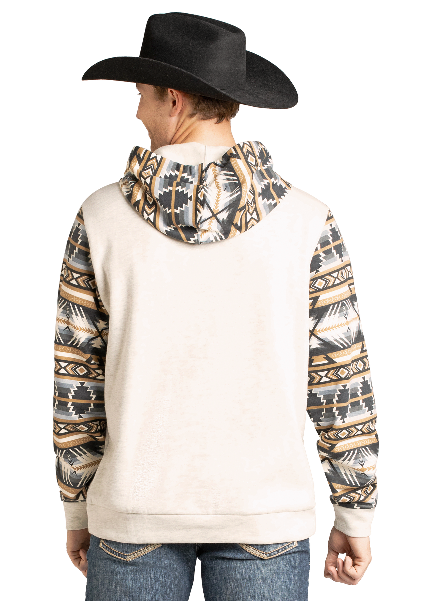 A person in a black cowboy hat models the Rock & Roll Denim Aztec Accented Hoodie, displaying its geometric southwestern-style patterns on the back. This comfortable cotton-polyester hoodie features distinctive patterned sleeves and hood.