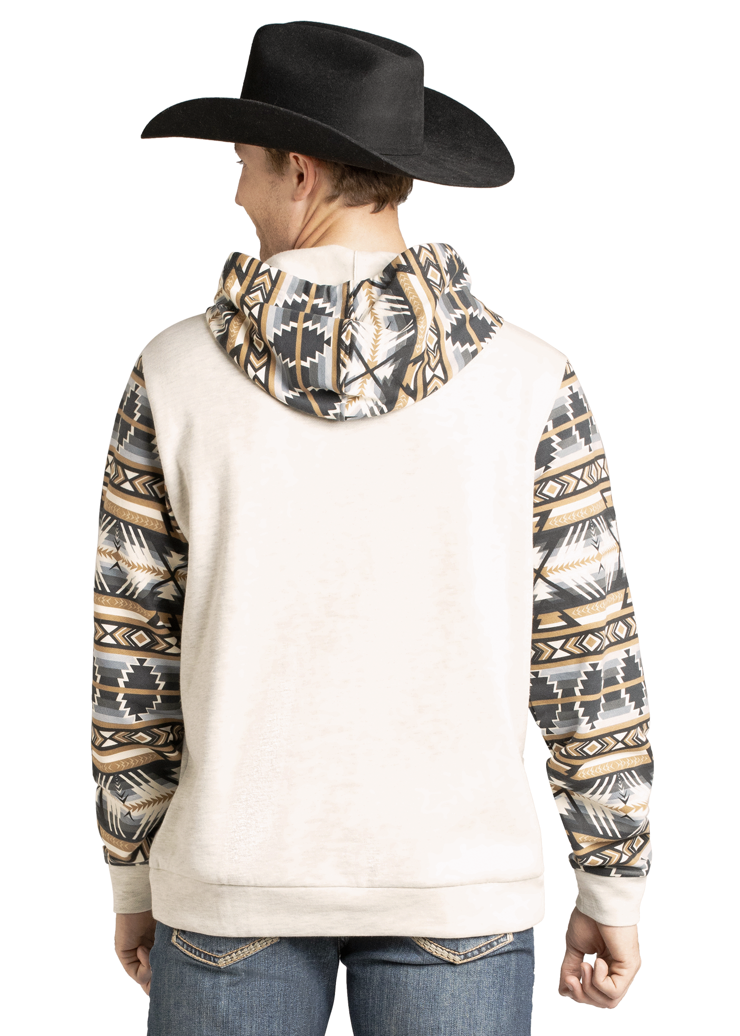 A person in a black cowboy hat models the Rock & Roll Denim Aztec Accented Hoodie, displaying its geometric southwestern-style patterns on the back. This comfortable cotton-polyester hoodie features distinctive patterned sleeves and hood.