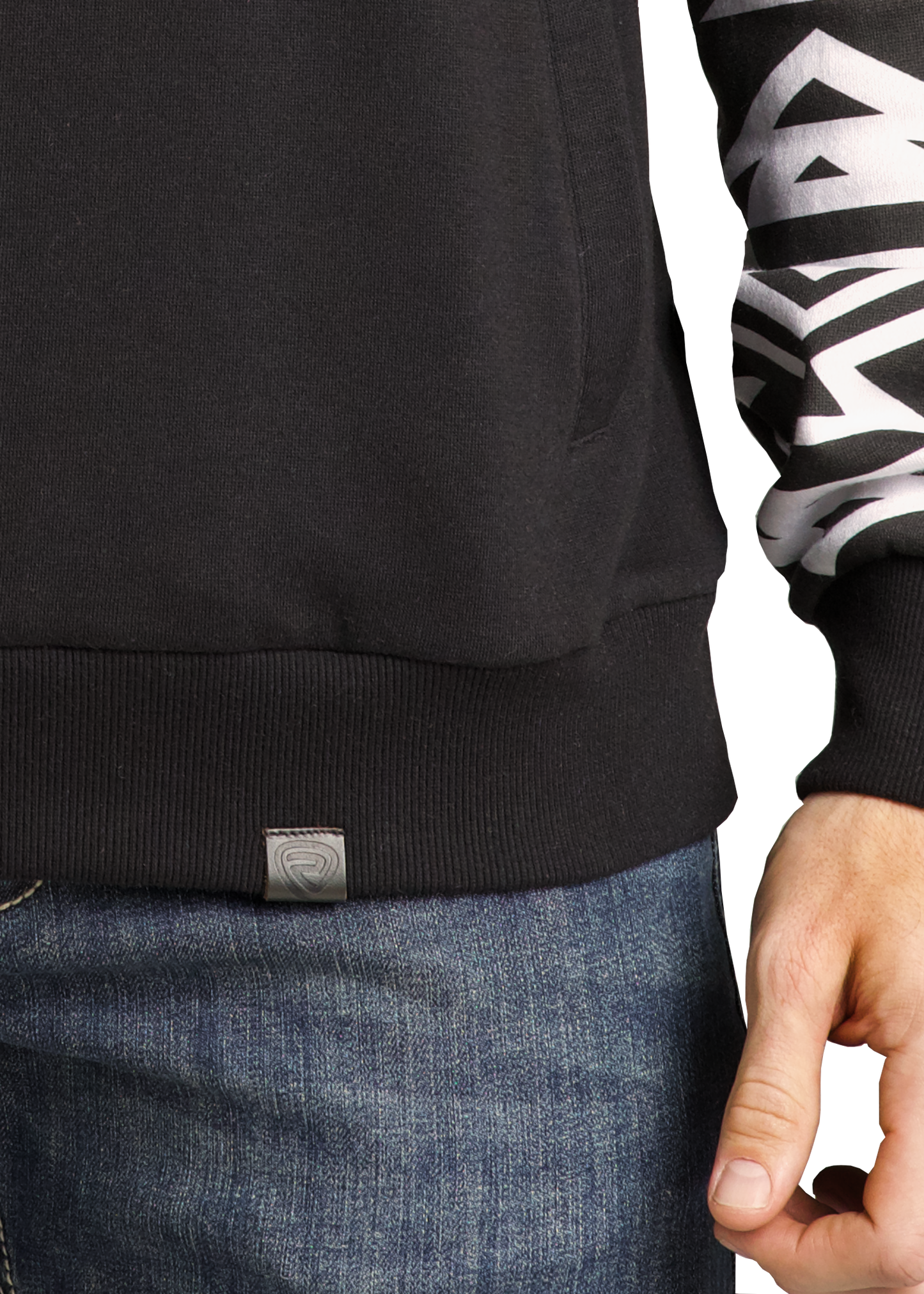 Black sweater with a brand logo worn by a person, with a white background
