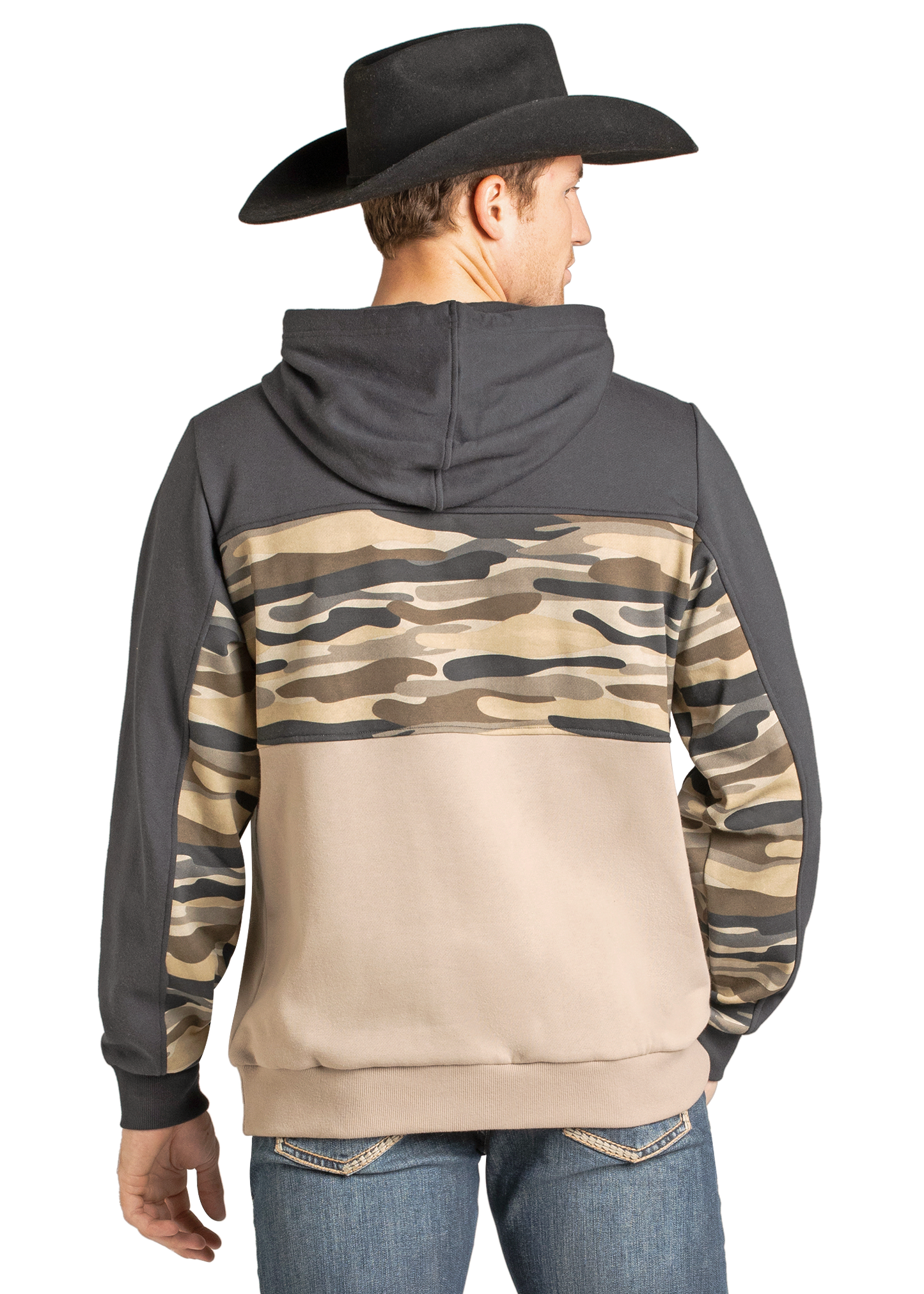 A man in a black cowboy hat and Rock & Roll Denim Camo Block Hoodie, featuring beige, gray, and camouflage blocks with a kangaroo pocket, paired with blue jeans, is shown from the back.