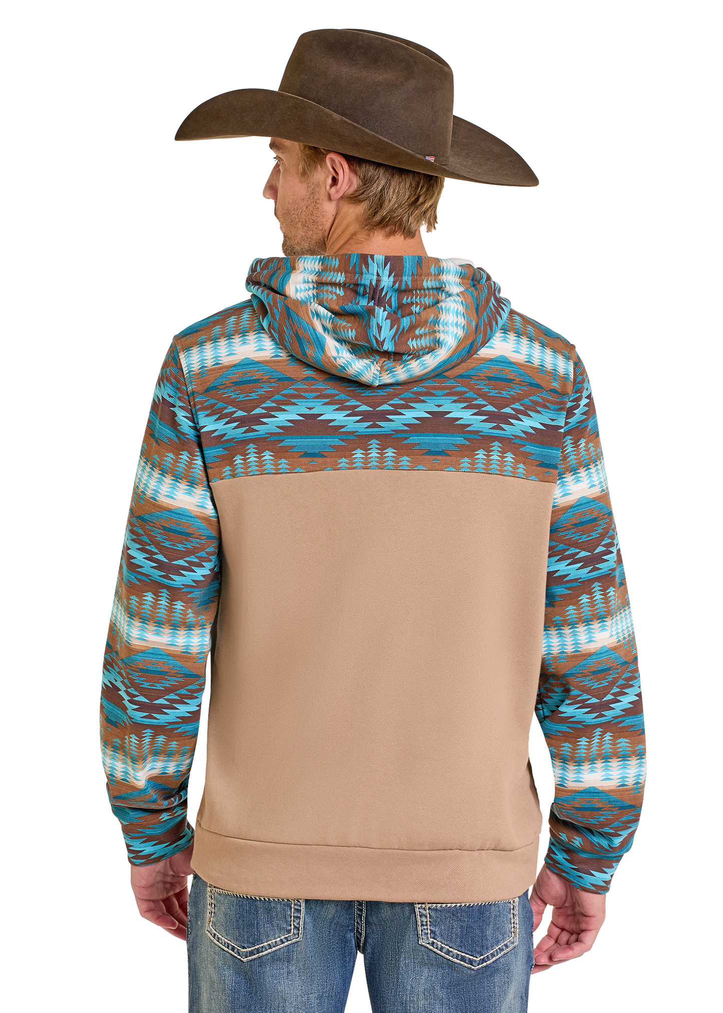 A man in a cowboy hat and jeans is facing away, wearing the Rock & Roll Denim Aztec Color Block Hoodie - S, featuring blue, teal, brown, and white geometric patterns on the shoulders, hood, and sleeves.