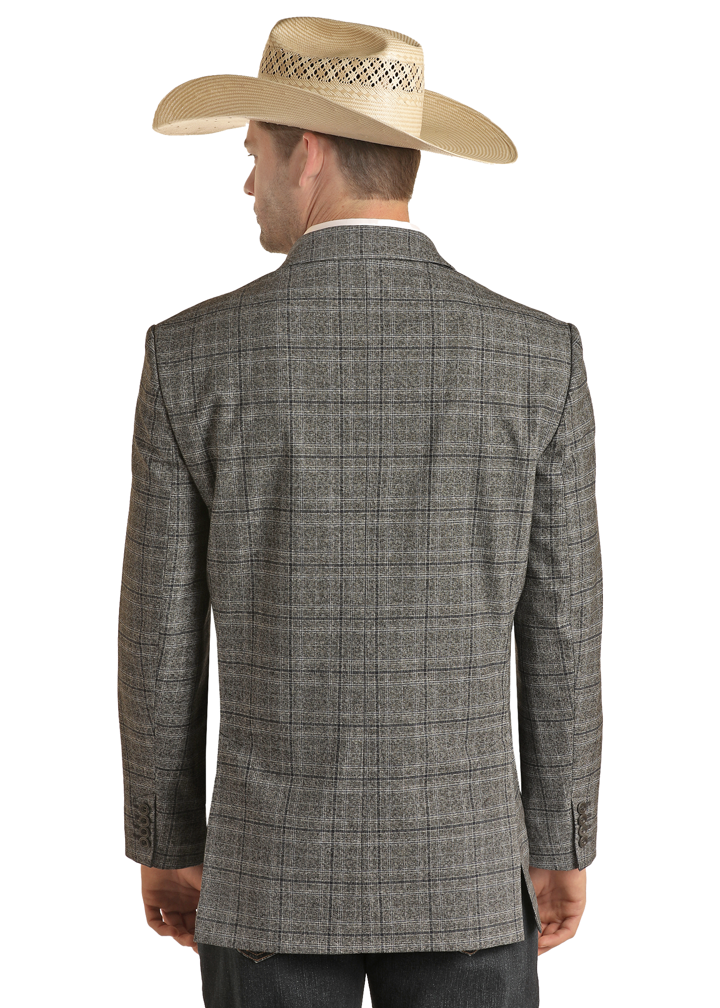A man in a tan cowboy hat and a Rock & Roll Denim Charcoal Windowpane Plaid Sport Coat stands with his back to the camera, displaying his outfit against a plain white background.