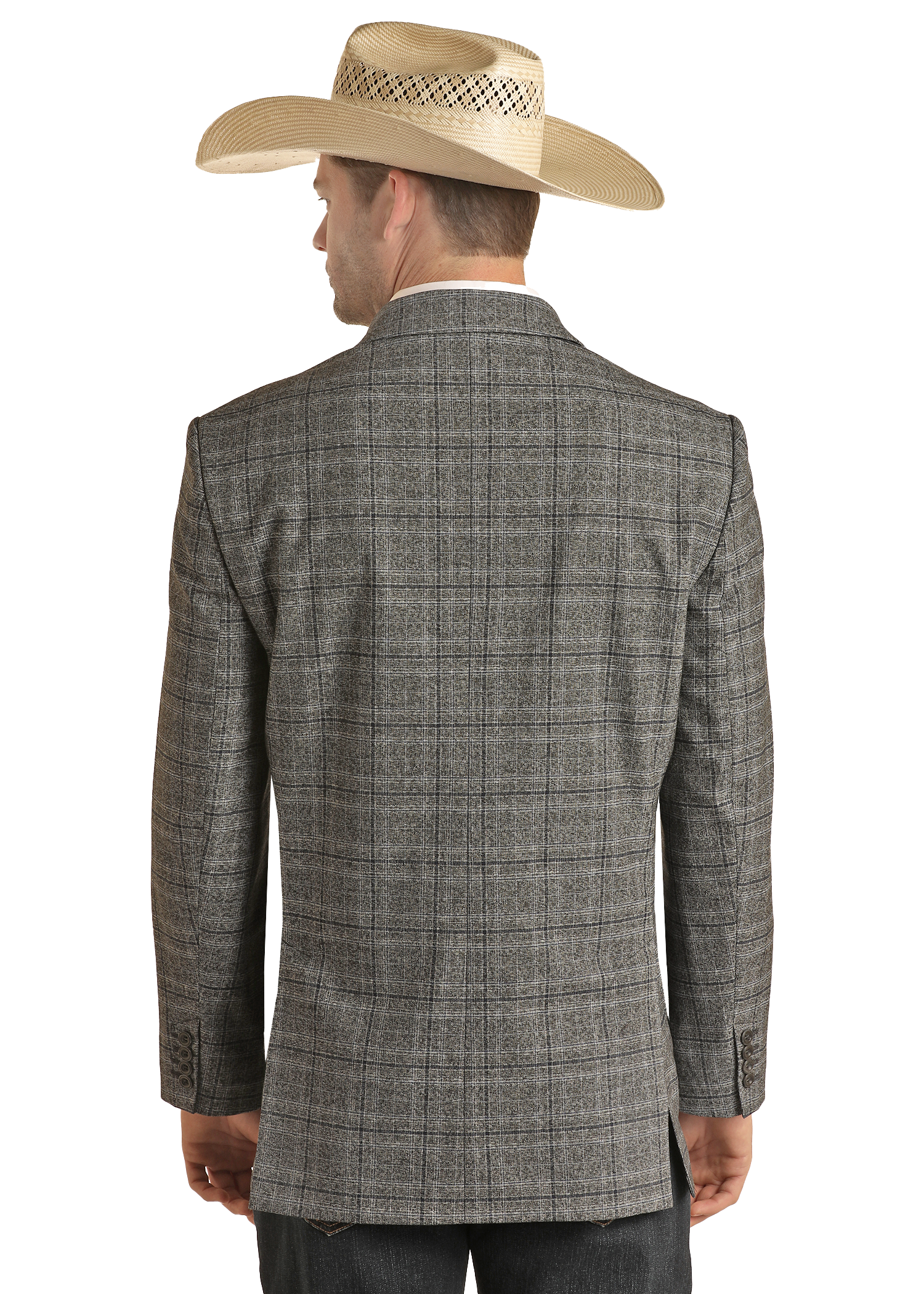 A man in a tan cowboy hat and a Rock & Roll Denim Charcoal Windowpane Plaid Sport Coat stands with his back to the camera, displaying his outfit against a plain white background.
