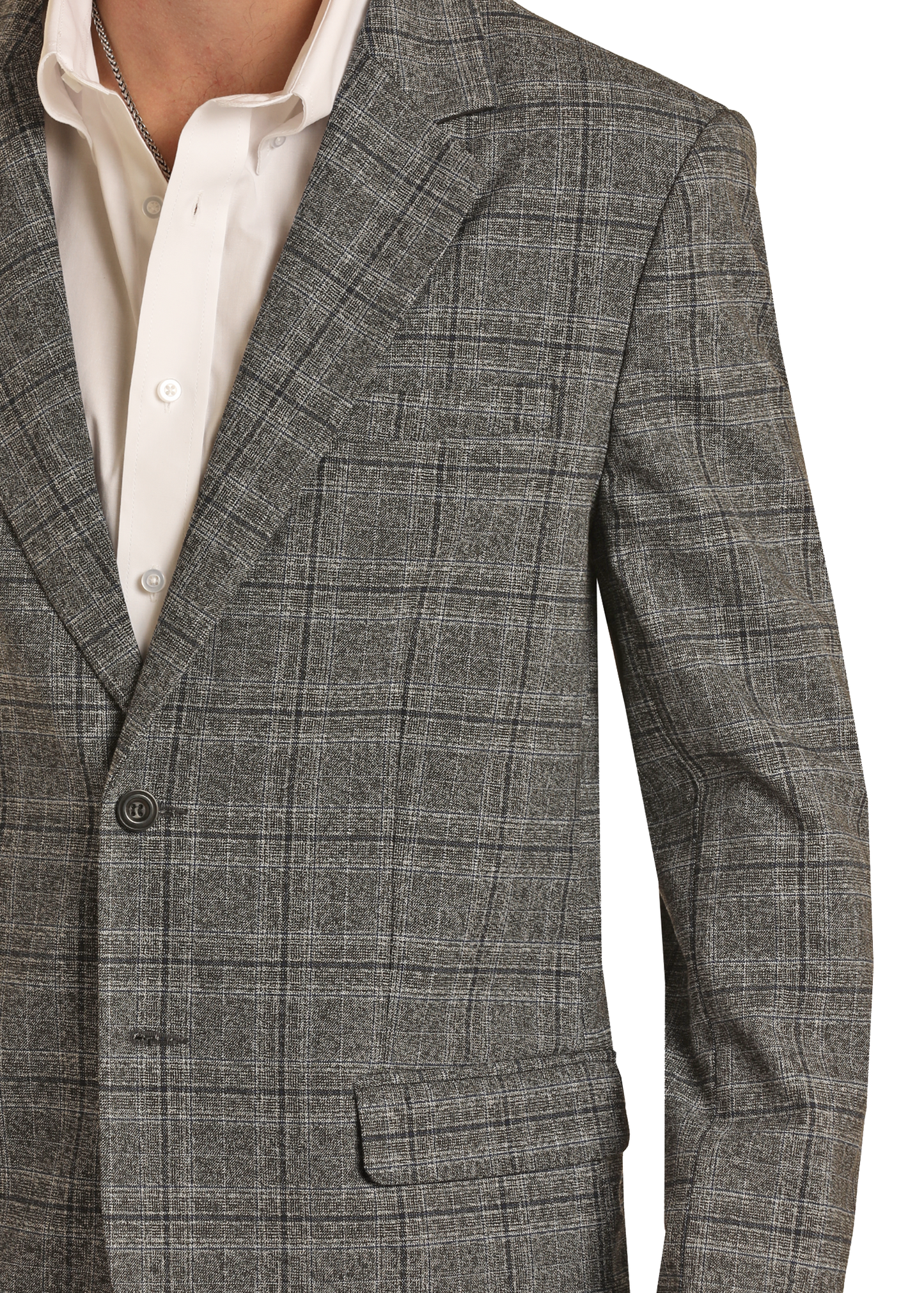 A man wears a Rock & Roll Denim Charcoal Windowpane Plaid Sport Coat in a regular fit, buttoned over a white dress shirt. Shown from shoulders to waist, his head is not visible. The sport coat features a gray windowpane plaid pattern.
