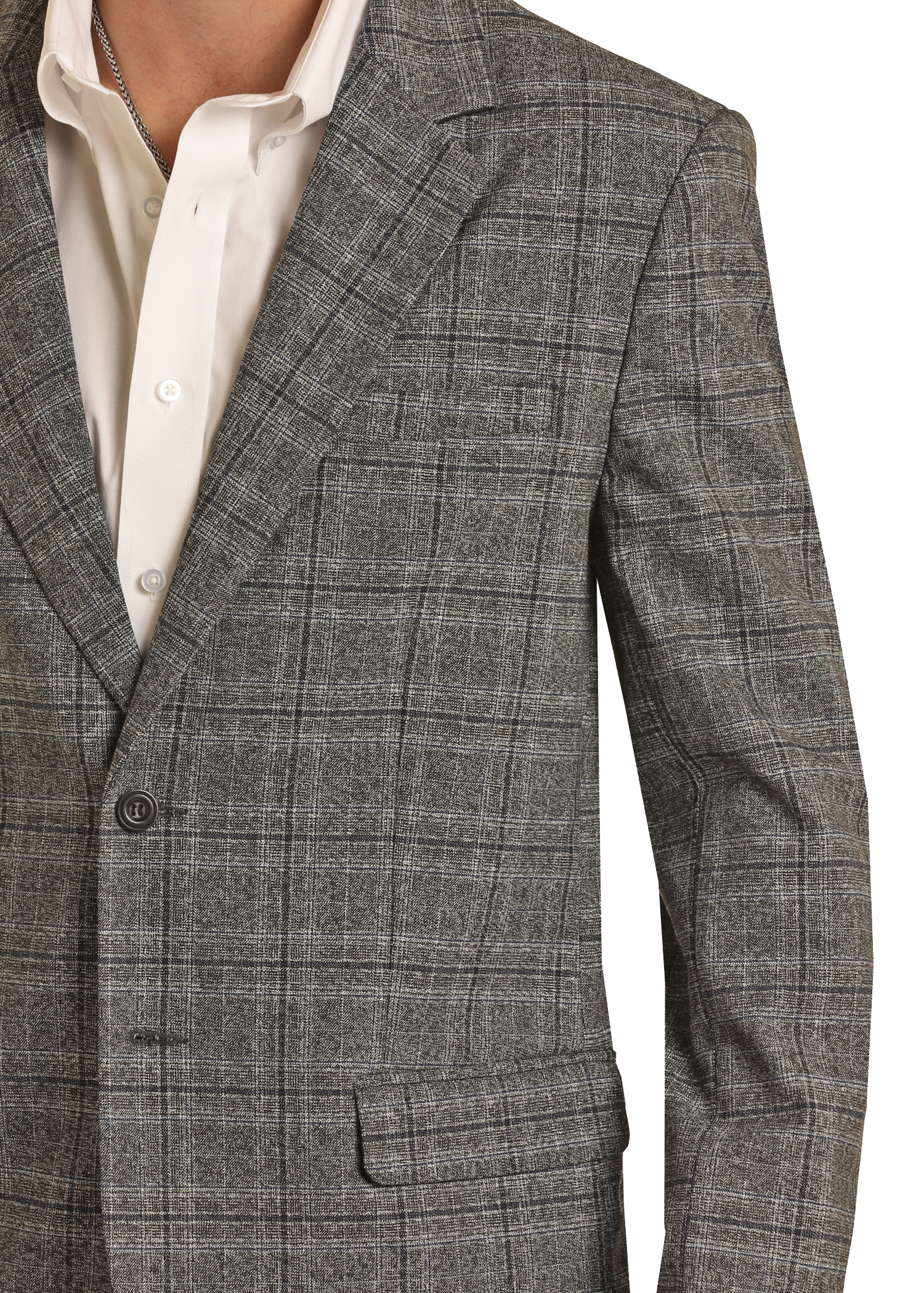 A man wears a Rock & Roll Denim Charcoal Windowpane Plaid Sport Coat in a regular fit, buttoned over a white dress shirt. Shown from shoulders to waist, his head is not visible. The sport coat features a gray windowpane plaid pattern.