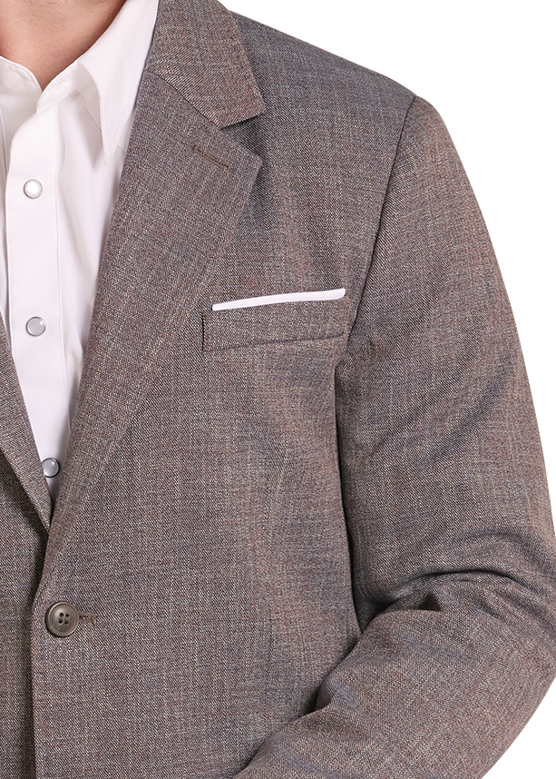 A closeup of a man wearing a brown and gray micro-check blazer, a white dress shirt.