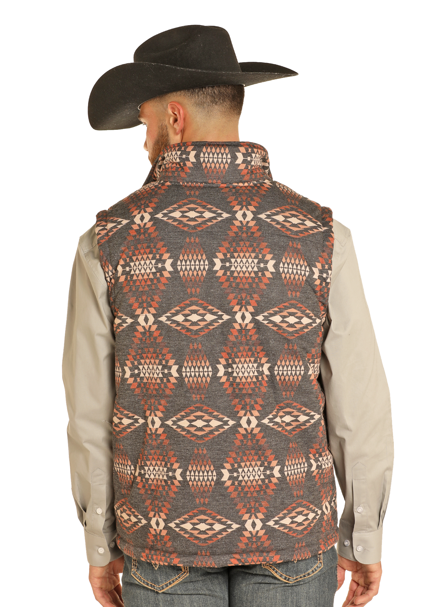 A man is shown from the back wearing a black cowboy hat, beige shirt, and the Rock & Roll Denim Aztec Puffer Vest in gray, orange, and white against a plain background.