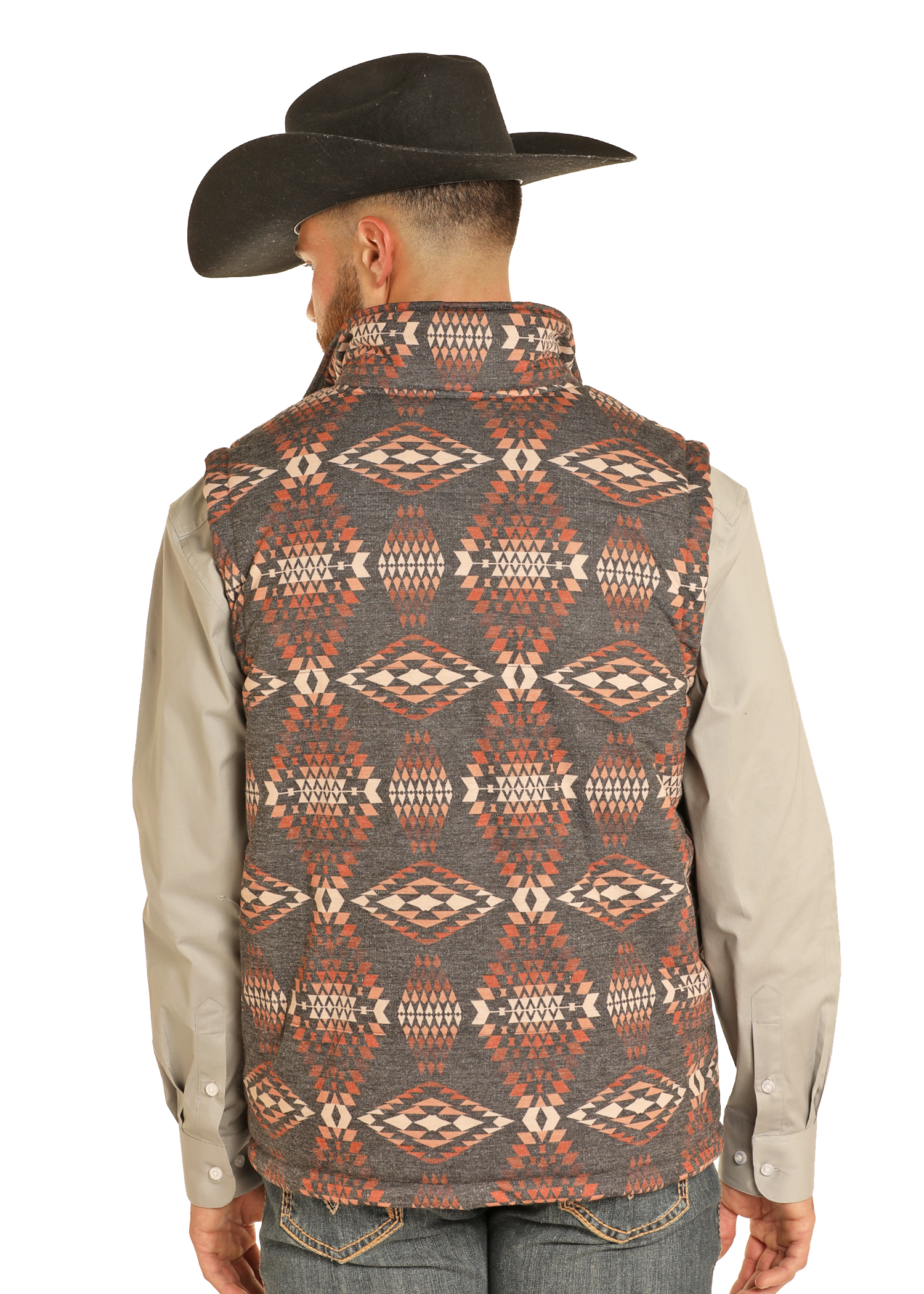 A man is shown from the back wearing a black cowboy hat, beige shirt, and the Rock & Roll Denim Aztec Puffer Vest in gray, orange, and white against a plain background.