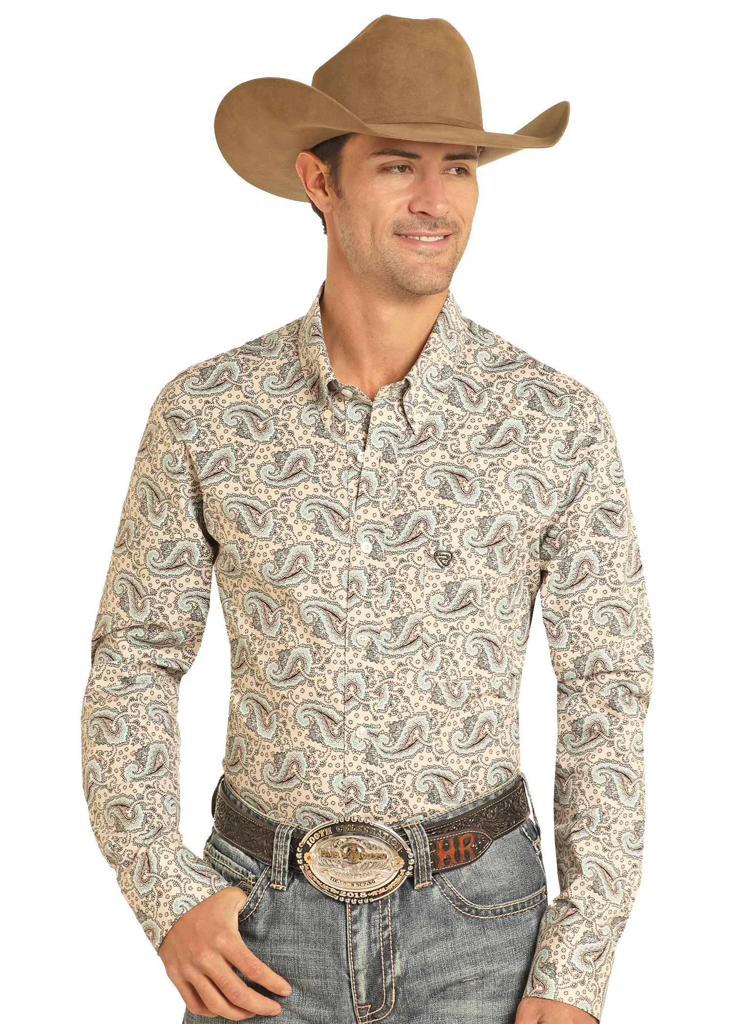 Men's Regular Fit Cream Paisley Long Sleeve Button Down Shirt