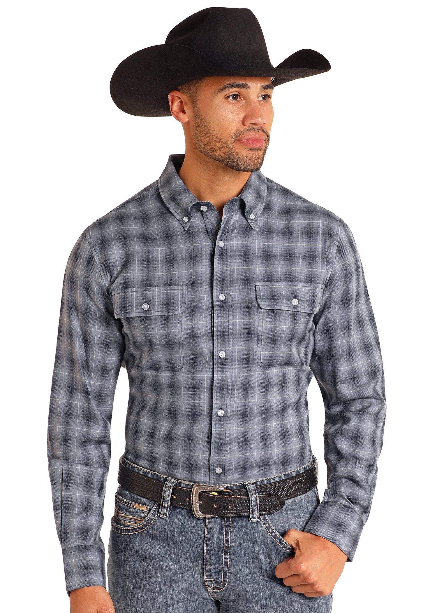 Men's Slim Fit Indigo Plaid Long Sleeve Button Down Shirt Rock