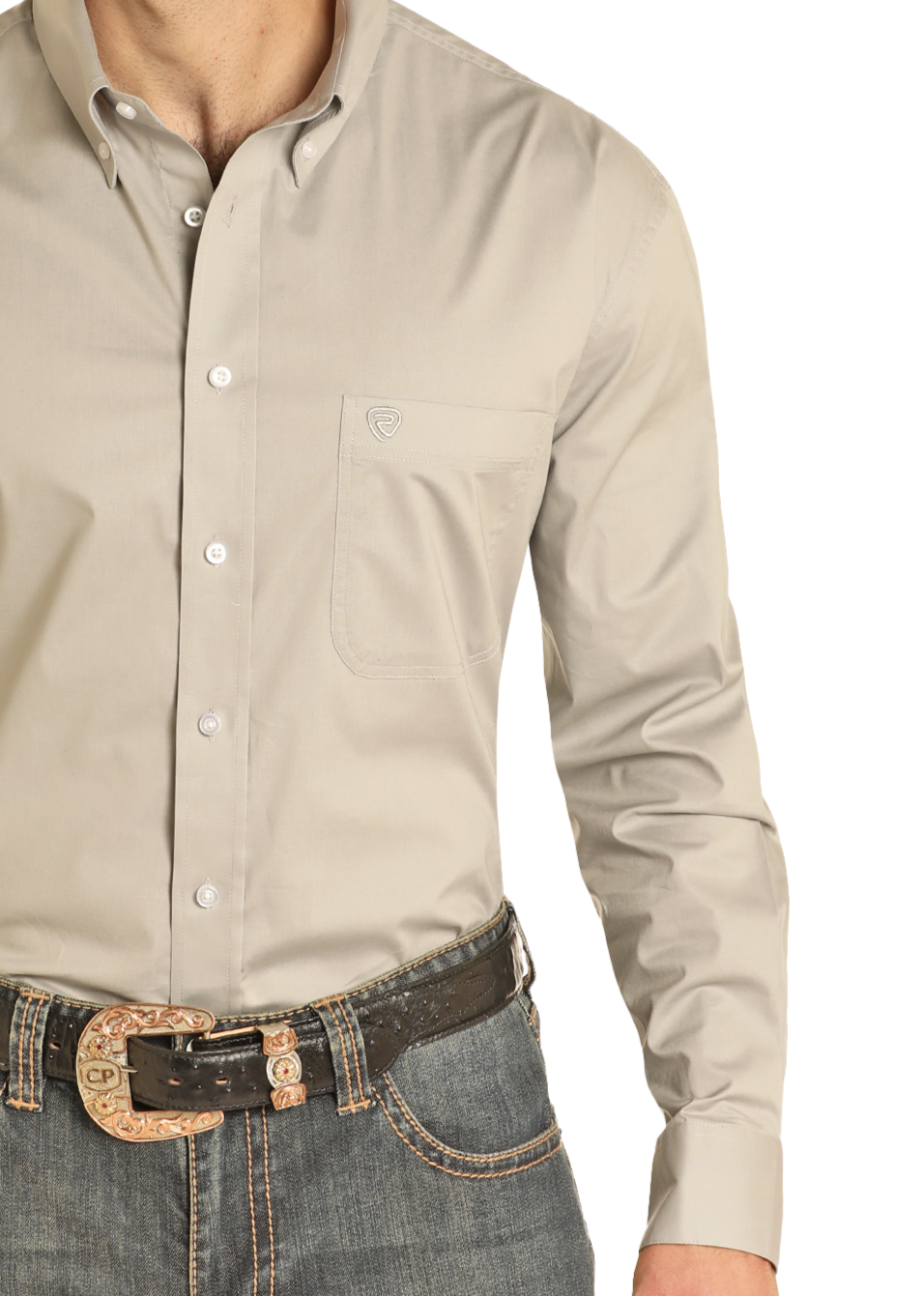 A person is wearing a Rock & Roll Denim Regular Fit Grey Long Sleeve Button Shirt, paired with blue jeans and a black leather belt with a decorative gold buckle. The person's head is not visible.