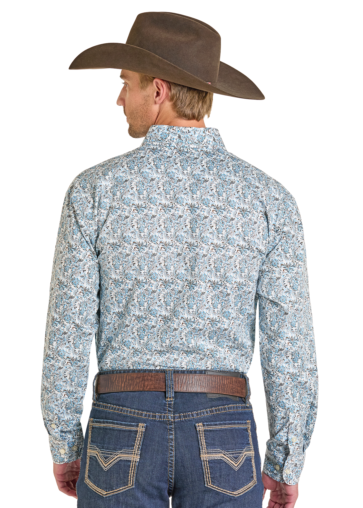 Man wearing a patterned shirt and cowboy hat on a white background