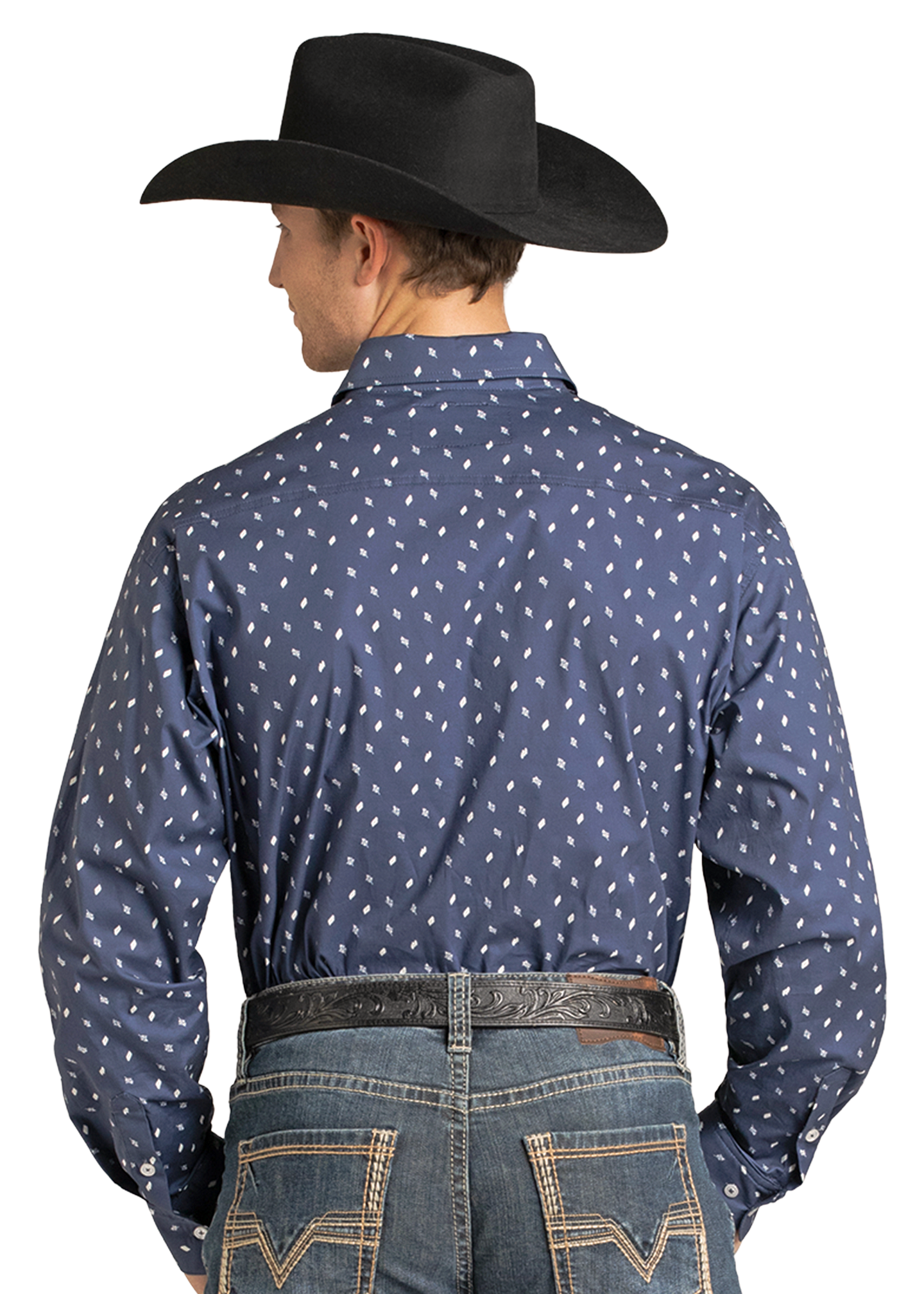 Man wearing a blue patterned shirt and black cowboy hat on a white background