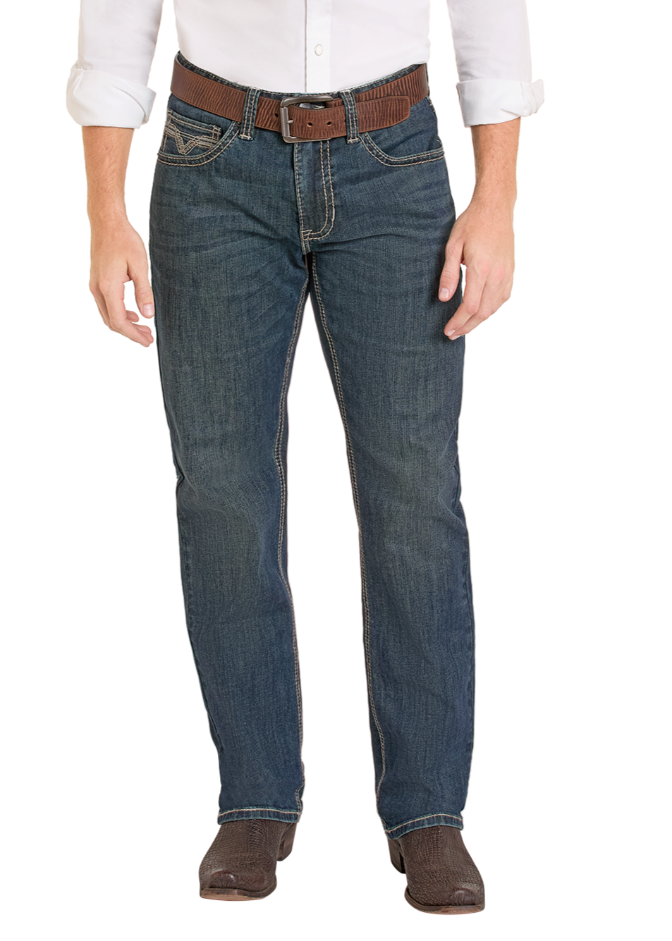 A man stands against a white background wearing Rock & Roll Denim High Rise Relaxed Fit Alpha Tapered Bootcut Jeans, a white shirt, brown belt, and brown shoes. His head is not visible in the image.