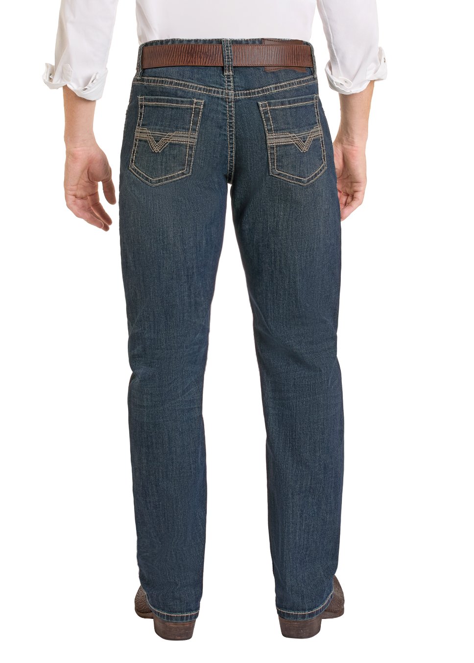 A man stands facing away in a white shirt with rolled-up sleeves, brown belt, brown shoes, and Rock & Roll Denim High Rise Relaxed Fit Alpha Tapered Bootcut Jeans featuring visible rear pocket stitching against a plain white background.