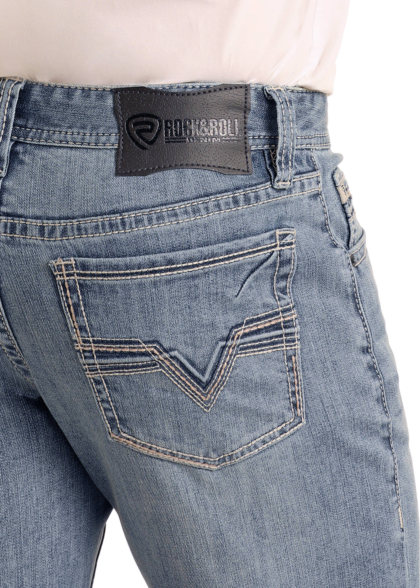 Close-up of the back of a person wearing Rock & Roll Denim High Rise Regular Fit Two Tone Stackable Bravo Bootcut Jeans with detailed pocket stitching and a black brand patch on the waistband.