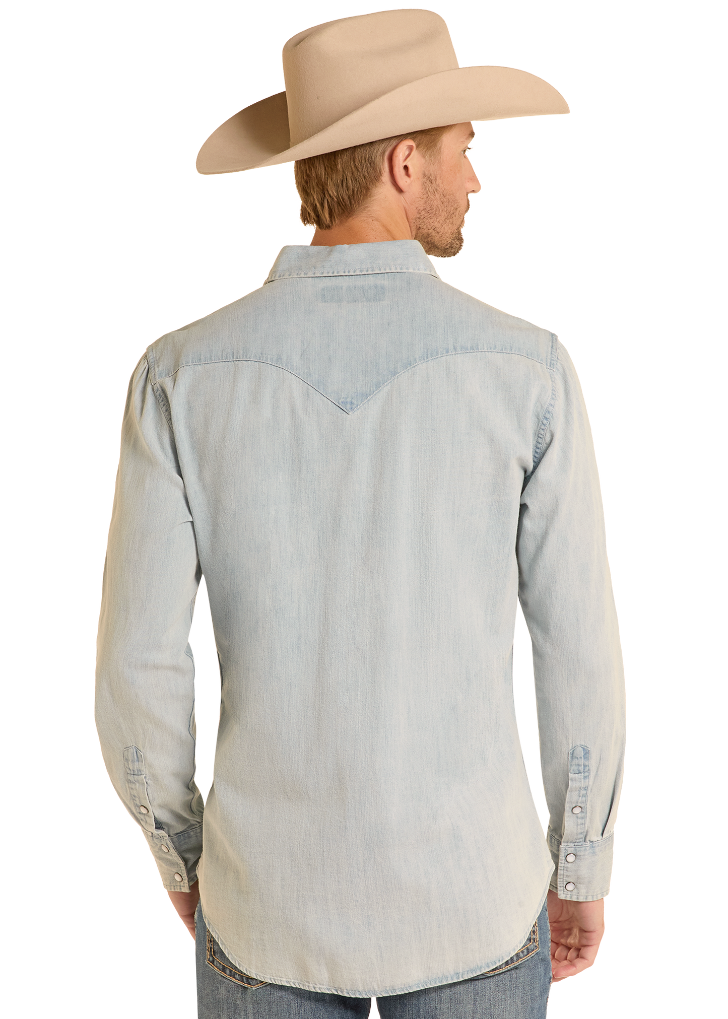 A man is seen from behind wearing the Rock & Roll Denim Slim Fit Light Wash Denim Snap Shirt and a beige cowboy hat, standing against a plain white background.