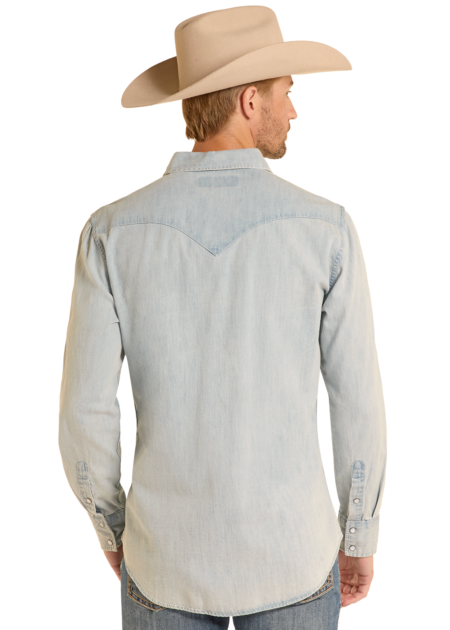 A man is seen from behind wearing the Rock & Roll Denim Slim Fit Light Wash Denim Snap Shirt and a beige cowboy hat, standing against a plain white background.