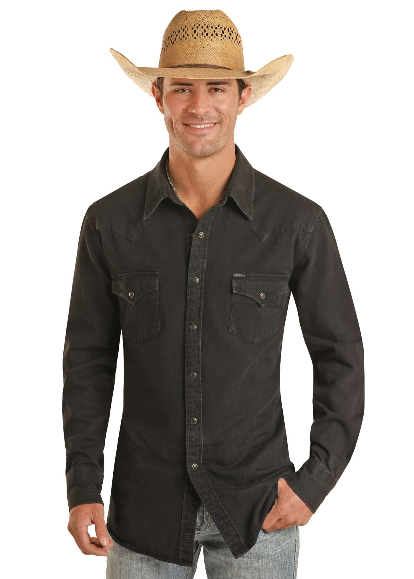 Men's Slim Fit Black Wash Denim Snap Shirt | Rock & Roll Denim Men's Slim Fit Black Wash Denim Snap Shirt | Rock & Roll Denim