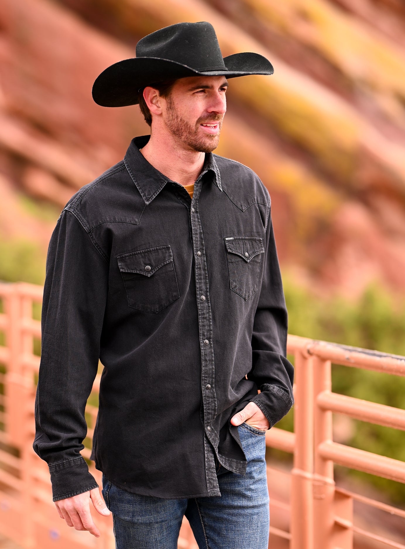 Men's Slim Fit Black Wash Denim Snap Shirt | Rock & Roll Denim
