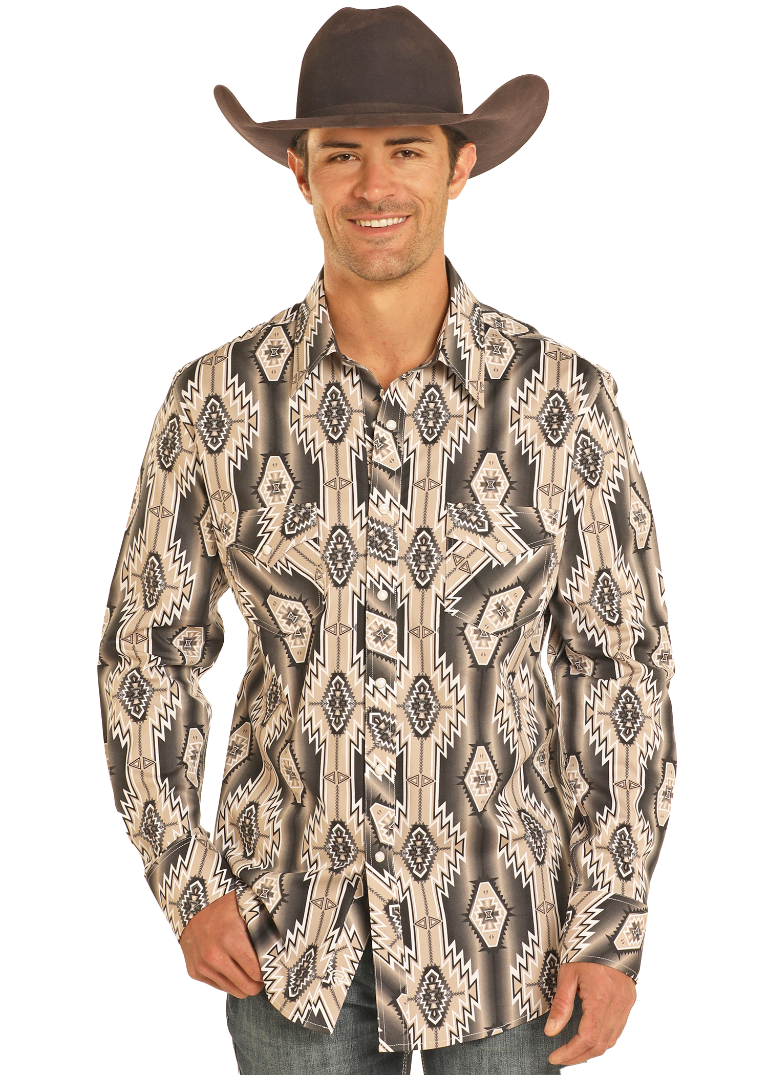 Men's Slim Fit Tan Aztec Long Sleeve Snap Shirt | Rock
