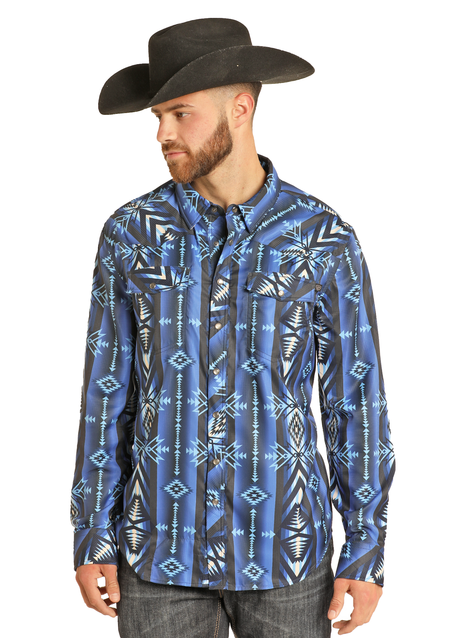 Men's TEK Western Blue Striped Aztec Long Sleeve Shirt Rock