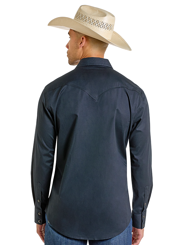 A man wearing a beige cowboy hat, blue jeans, and a Rock & Roll Denim Slim Fit Black Twill Long Sleeve Snap Shirt is seen from the back against a plain white background.