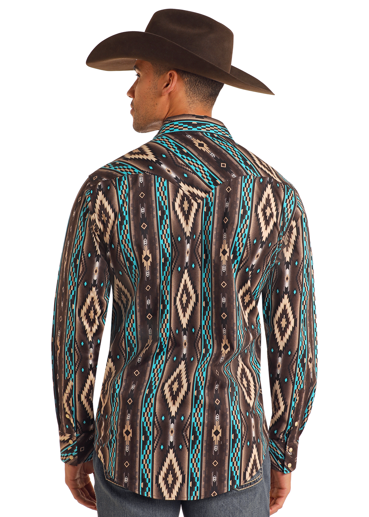 A man wearing a brown cowboy hat and a Rock & Roll Denim Slim Fit Southwestern Striped Long Sleeve Snap Shirt with turquoise, brown, and cream geometric patterns is seen from the back.