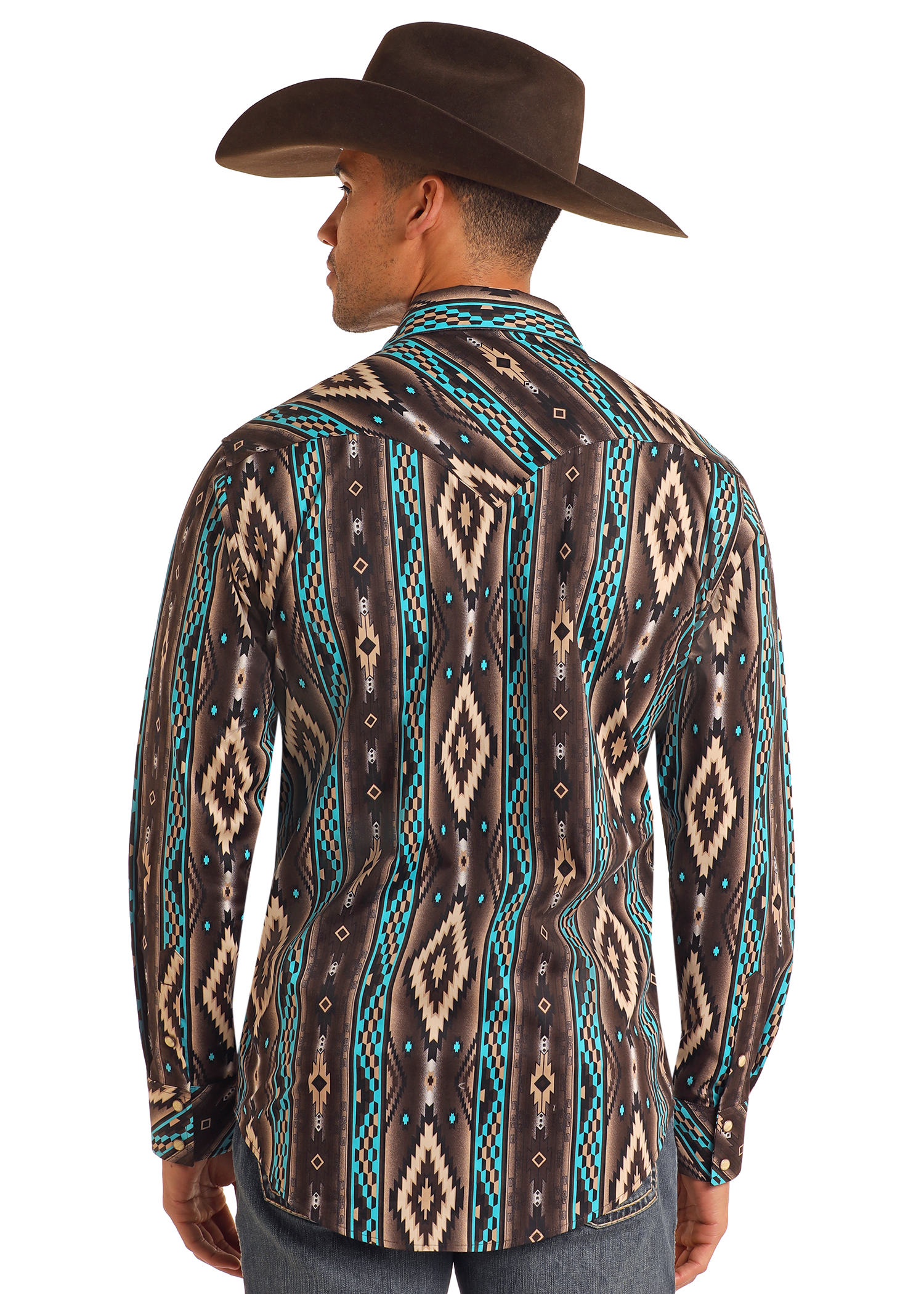 A man wearing a brown cowboy hat and a Rock & Roll Denim Slim Fit Southwestern Striped Long Sleeve Snap Shirt with turquoise, brown, and cream geometric patterns is seen from the back.