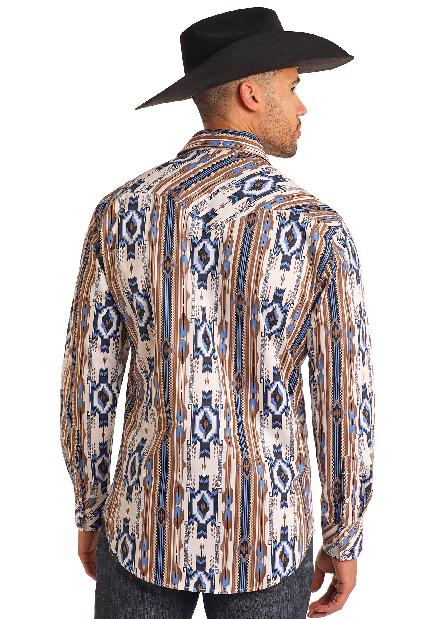 A man in a black cowboy hat and the Rock & Roll Denim Slim Fit Tan Southwestern Striped Long Sleeve Snap Shirt stands facing away, highlighting the back of the Western shirt.