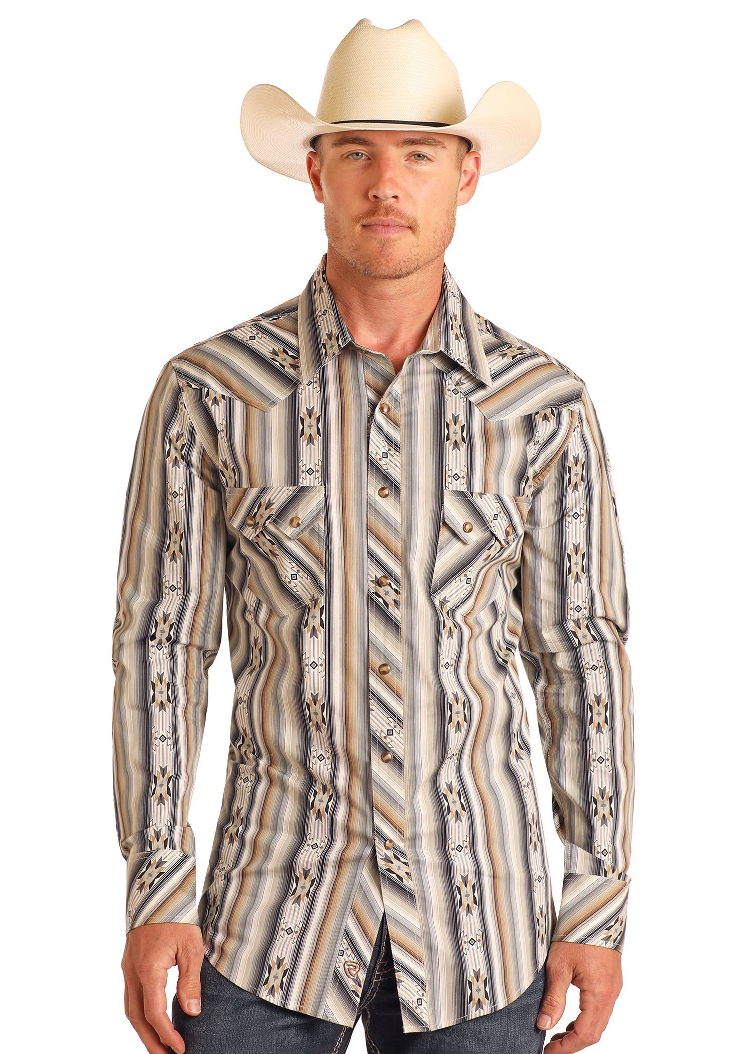Men's Slim Fit Tan Striped Aztec Long Sleeve Snap Shirt