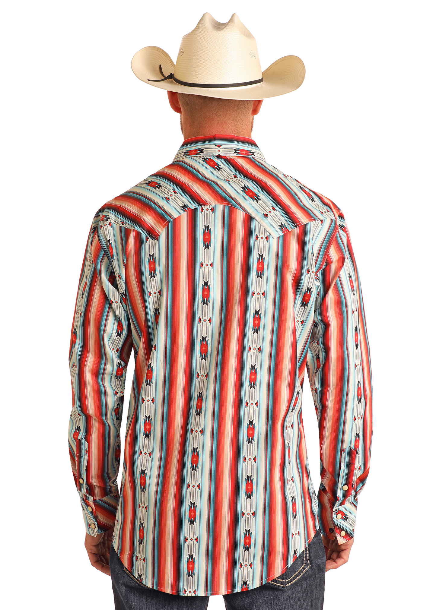 A man in a cream cowboy hat and a Rock & Roll Denim Slim Fit Aztec Serape Long Sleeve Snap Shirt faces away, displaying the shirt’s vibrant red, turquoise, and white striped pattern.