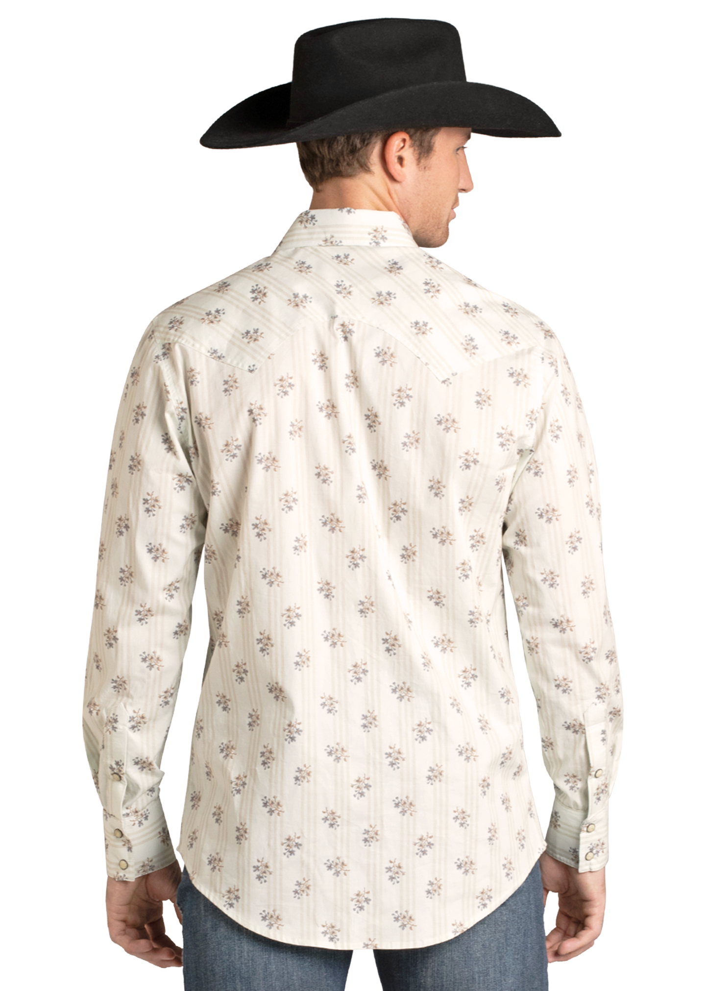 A man is shown from the back wearing a black cowboy hat, blue jeans, and a Rock & Roll Denim Slim Fit Floral Long Sleeve Snap Shirt with a subtle pattern.