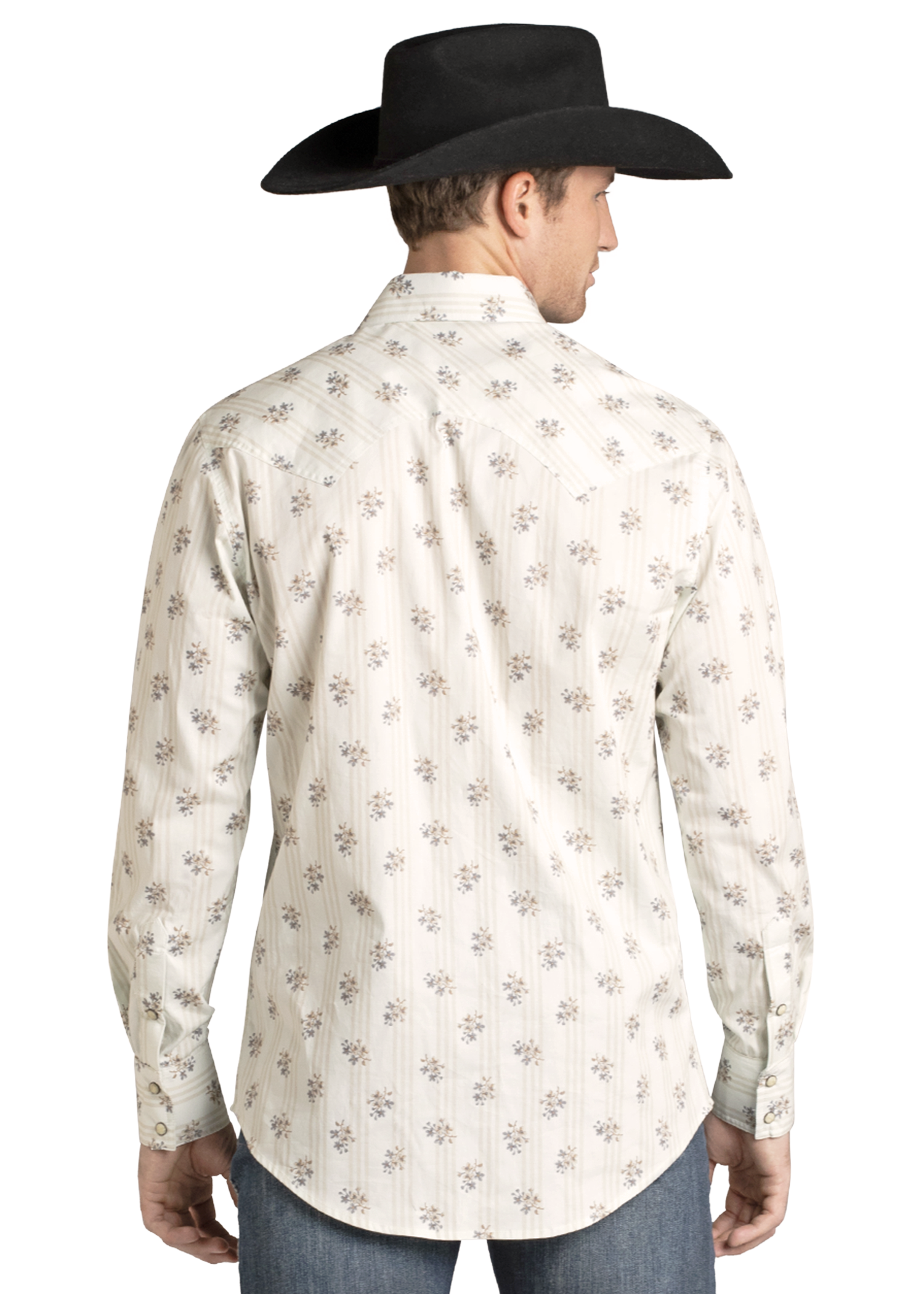 A man is shown from the back wearing a black cowboy hat, blue jeans, and a Rock & Roll Denim Slim Fit Floral Long Sleeve Snap Shirt with a subtle pattern.