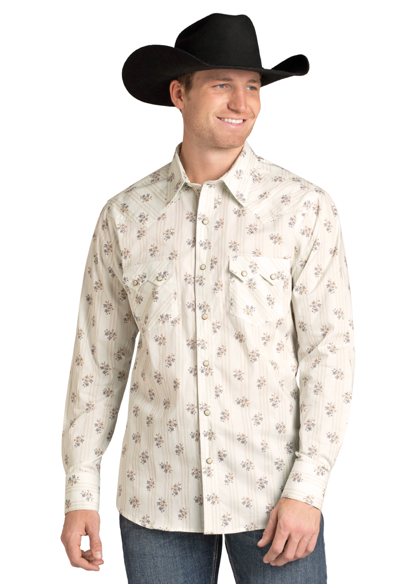 A man wearing a black cowboy hat, blue jeans, and a Rock & Roll Denim Slim Fit Floral Long Sleeve Snap Shirt smiles while looking to the side.