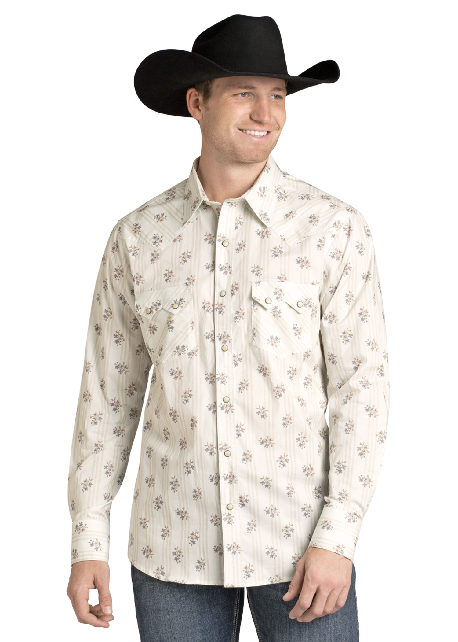 A man wearing a black cowboy hat, blue jeans, and a Rock & Roll Denim Slim Fit Floral Long Sleeve Snap Shirt smiles while looking to the side.