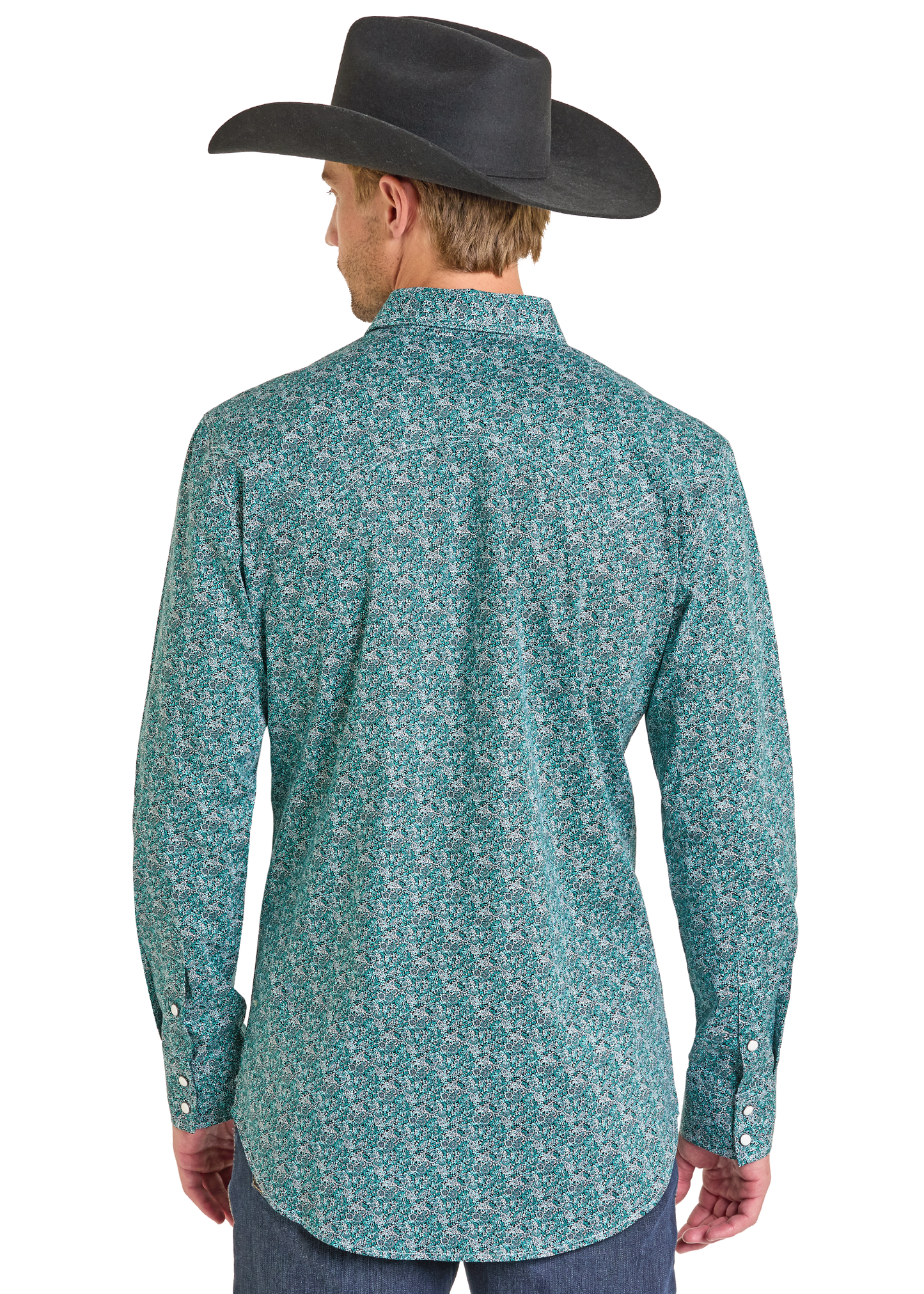 A man wearing a black cowboy hat, blue jeans, and a Rock & Roll Denim Slim Fit Turquoise Floral Long Sleeve Snap Shirt stands facing away from the camera against a white background.