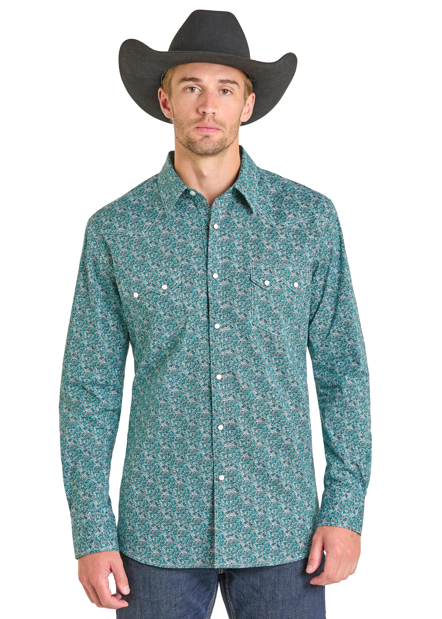Men's Slim Fit Turquoise Floral Long Sleeve Snap Shirt | Rock