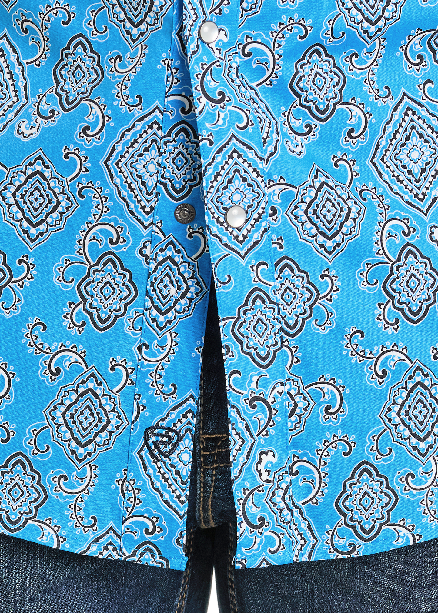 Close up of a turquoise pearl snap men's shirt.