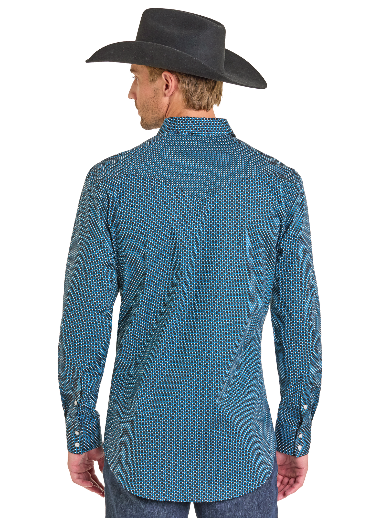 The back of man wearing cowboy hat and geometric pearl snap shirt.